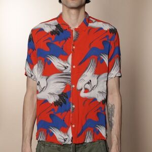ALLSAINTS Mens Red Crane Print Short Sleeve Relaxed Fit Camp Shirt Size Medium